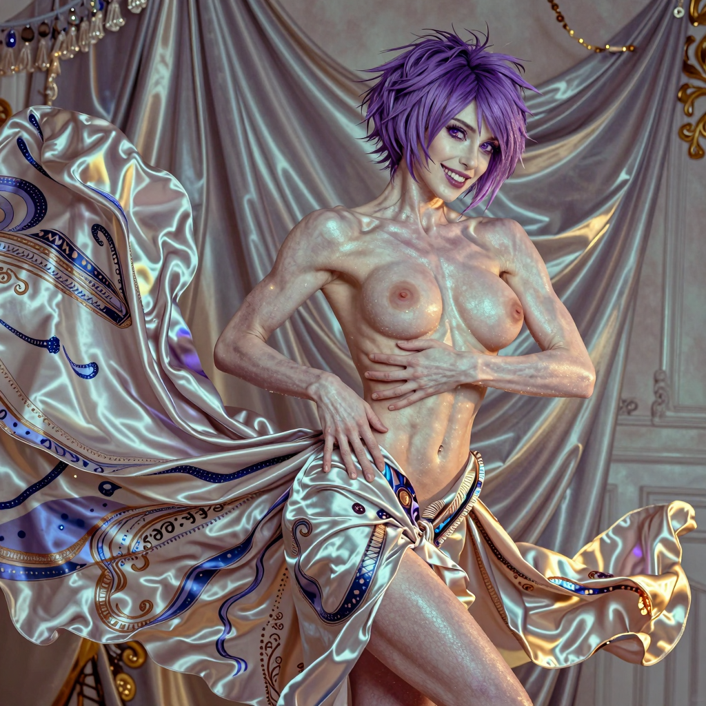 A mysterious woman with spiky purple hair and striking violet eyes, wearing a flowing silk dress, posed against a whimsical