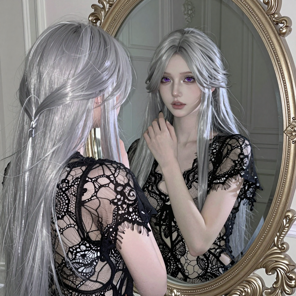 A slender, ethereal woman with silver hair and violet eyes, draped in sheer black lace, gazing into an ornate mirror in a
