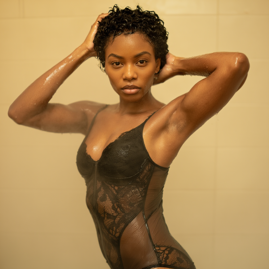 Erotic boudoir art of a platinum blonde with icy blue eyes, a slender hourglass figure, and a deep red satin robe, captured