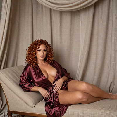 Ultra-realistic erotic portrait of a woman with thick, curly auburn hair, amber eyes, and a voluptuous hourglass figure,