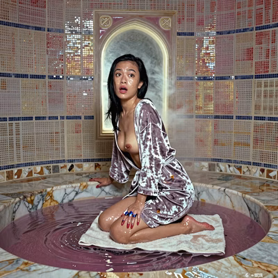 Petite 23yo Vietnamese with loose jet-black hair, soft brown eyes in exhausted wonder, slender hips raised kneeling