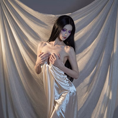 An ultra-realistic portrait of a slender woman with long ebony hair, violet eyes, and a delicate dancer's physique, posing