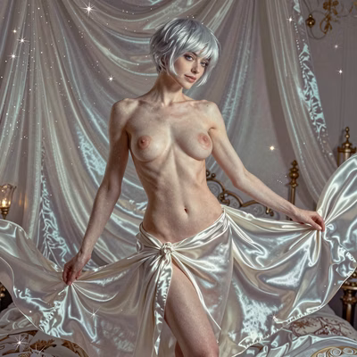 A silver-haired goddess with piercing gray eyes and perky breasts, posing in flowing silk, against a whimsical bedroom
