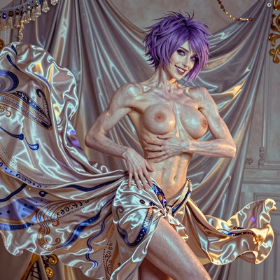 A mysterious woman with spiky purple hair and striking violet eyes, wearing a flowing silk dress, posed against a whimsical