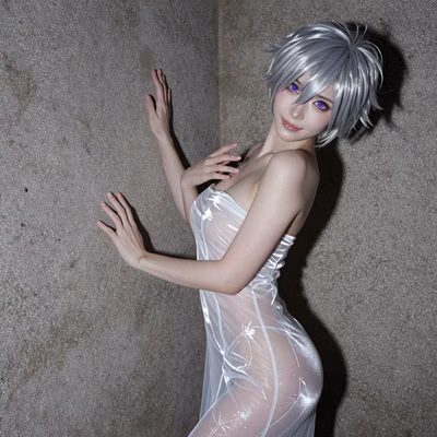Erotic photo of a mysterious woman with spiky silver hair, violet eyes, and a curvaceous figure in a sheer white gown,