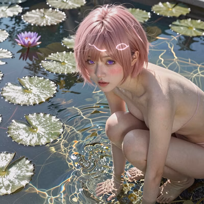 Hyper-realistic portrait of petite Mira with pink hair and violet eyes crouching by the pool, artistic erotic nude