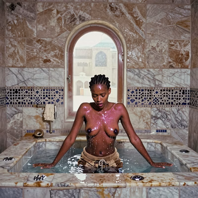 Ebony-skinned Ethiopian beauty with cornrows, defiant dark almond eyes, muscular frame and firm breasts emerges from hammam