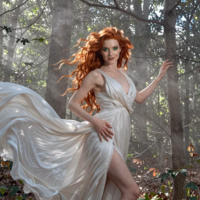 A redheaded woman in a flowing white gown, her athletic body in motion, standing captivatingly in a misty forest.