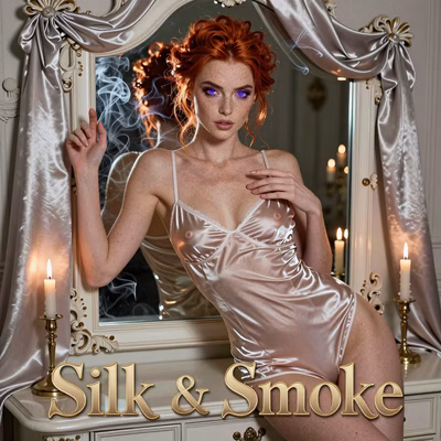 Close-up of petite curvy woman with fiery red hair and violet eyes in sheer silk chemise, smoke and candlelight.