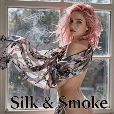 Cherry pink hair petite woman with deep brown eyes, small breasts, wrapped in sheer silk scarf, smoke, cinematic boudoir art