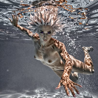 A siren with spiky platinum hair and violet eyes showcases her athletic, muscular physique in a dynamic underwater pose, her