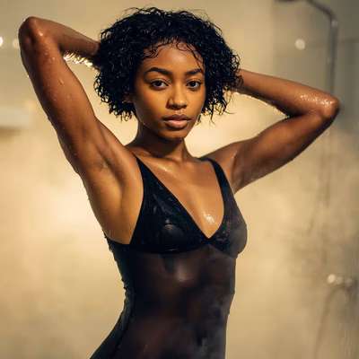 A slender woman with alabaster skin, violet eyes, and silver-blonde hair cascading down her waist, reclining seductively in